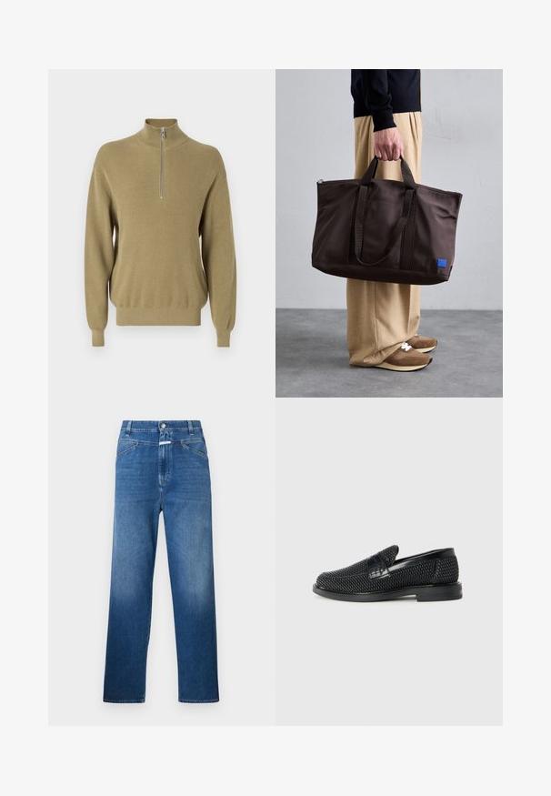 Neulepusero oliivinvihreänä, jossa on korkea kaulus ja lyhyt etuvetoketju. Ribbed-textuuri ja pitkät hihat, rento malli, jossa on kapeneva helma.; CLOSED PRINTED - Printtipaita - ivory; Siniset farkut suoralla lahkeella, joissa on nappikiinnitys, vyölenkit ja hillitty haalistuma reidellä.; Musta kudottu liukupohjallinen kenka, jossa on sileä nahkakorostus päällisessä, pyöreä kärki ja matala kumipohja.; Ruskea nylon-kassi, jossa on kaksoiskahvat, vetoketjukiinnitys ja sininen logopatch. Sileä pinta, jämäkkä rakenne, tilava sisustus.