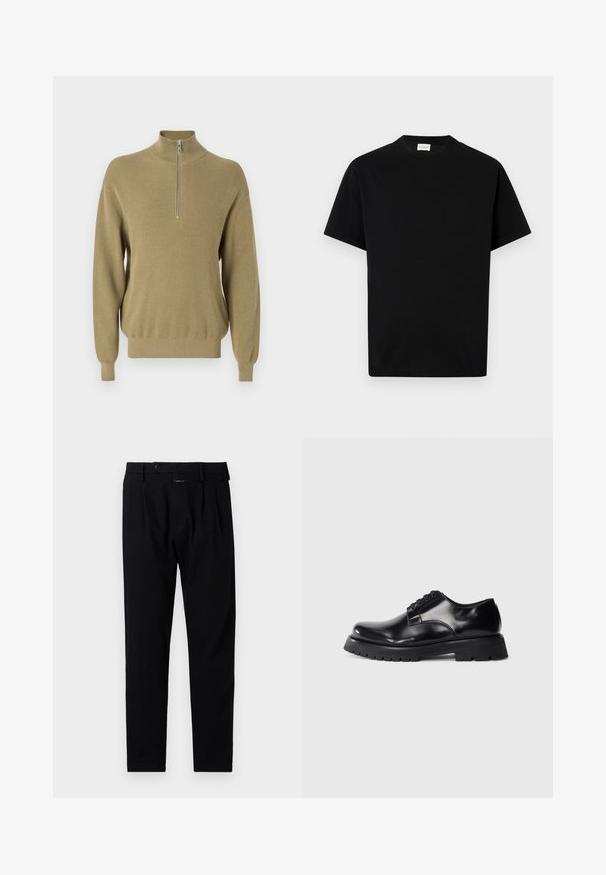 Dzianinowy pulower w oliwkowym kolorze z wysokim kołnierzem i krótkim zamkiem z przodu. Prążkowana faktura, długie rękawy, luźny krój z zwężanym dołem.; Czarny bawełniany t-shirt z okrągłym dekoltem, krótkimi rękawami i prostym krojem. Brak widocznych wzorów lub elementów metalowych.; Czarne spodnie o dopasowanym kroju, z płaskim przodem, pojedynczymi fałdami i zapięciem na guzik. Wykonane z gładkiego materiału, idealne do eleganckiego ubioru.; Czarne skórzane buty na sznurowadła o błyszczącej powierzchni, z grubą czarną gumową podeszwą i wyraźnym wzorem bieżnika. Klasyczny design z detalami w postaci przeszyć.