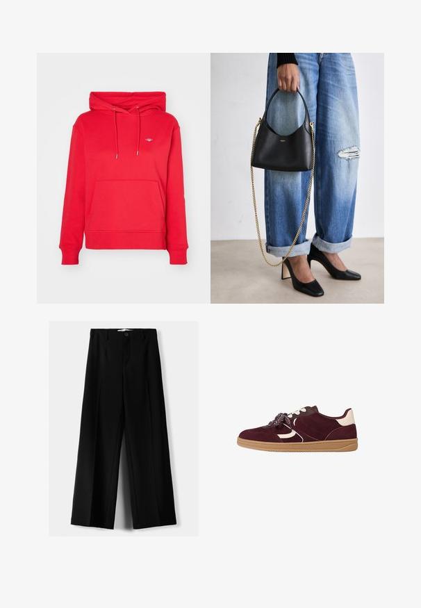 GANT SHIELD HOODIE - Mikina - bright red; Čierne široké nohavice z ľahkého materiálu, s predným zapínaním na gombík a plochým predným dielom, s pekne ušitými lemami.; Burgundské semišové tenisky s bielymi akcentmi, textúrovanými detailmi, hrubou gumovou podrážkou a vzorovanými šnúrkami pre bezpečné upevnenie.; Čierna kožená kabelka so zaobleným tvarom, krátkym uchom a zlatým reťazovým popruhom. Nosená s opotrebovanými modrými džínsami a čiernymi vysokými podpätkami.; Strieborné náušnice s cípmi majú zložitý korálkový dizajn, s kaskádovými prameňmi jemného reťazca a uzlovým akcentom na vrchu.