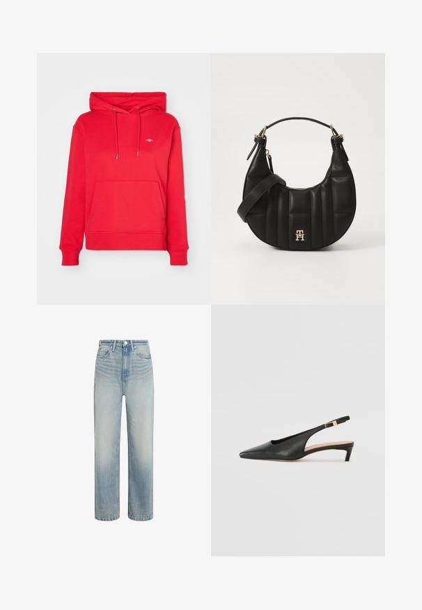 GANT SHIELD HOODIE - Bluză de molton - bright red; Blugi din denim bleu deschis, cu un design drept, talie înaltă și textură uzată. Au un sistem de închidere cu buton în față și un stil clasic cu cinci buzunare.; Cizme din piele neagră cu toc slingback, cu vârf ascuțit, toc jos și curea reglabilă pentru glezna, dotată cu un cataramă de ton auriu. Textură netedă.; Geantă de mână din piele neagră, cu o formă curbată, textură matlasată și accesorii aurii. Dispune de o curea pentru umăr detașabilă și detalii cu logo.