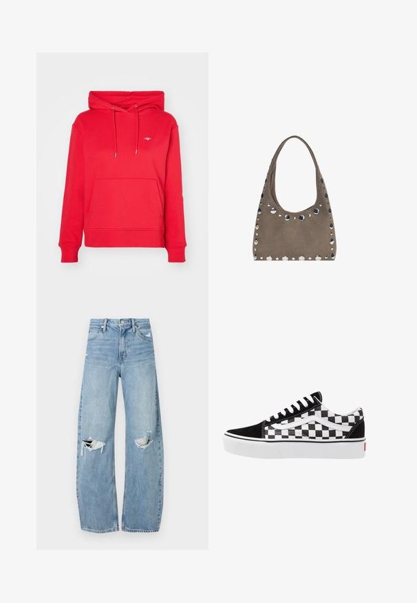 GANT SHIELD HOODIE - Felpa - bright red; Jeans azzurri chiari a vita alta realizzati in denim. Presentano gambe larghe, due aree strappate sulle ginocchia e il classico styling a cinque tasche.; Sneaker in tela a scacchi bianco e nero con dettagli in suede nero, lacci bianchi e suola in gomma. Il logo laterale presenta un design a contrasto.; PULL&BEAR SHOPPER - Shopping bag - grey