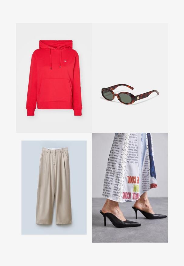 GANT SHIELD HOODIE - Športni pulover - bright red; Bež hlače širokega kroja z teksturiranim zaključkom, opremljene s priročnima stranskima žepoma, sprednjimi gubami in pasom za varen oprijem.; Črne usnjene mule s konicami in stiletto peto, v kombinaciji z belo vzorčasto obleko, ki vsebuje podrobnosti z vezanjem.; Svetlo-rjava sončna očala v obliki ovala z temnimi lečami in širokimi ročaji. Imajo majhen zlat detajl na strani. Gladek plastičen material.