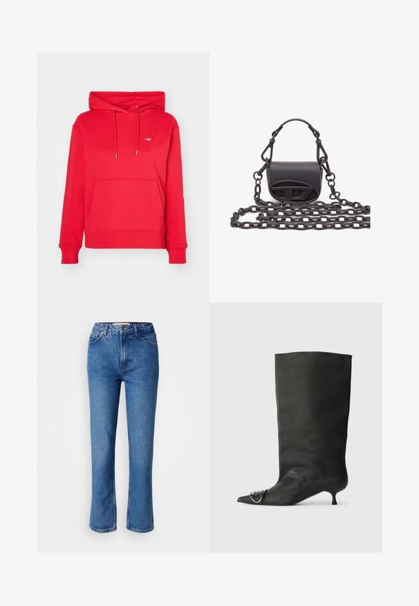 GANT SHIELD HOODIE - Felpa - bright red; Jeans in denim blu con taglio dritto, dotati di un classico design a cinque tasche, cuciture arancioni e chiusura con bottone.; Stivaletto in pelle nera con punta affilata, tacco basso e dettaglio metallico sulla punta. Texture liscia e opaca in tutta la superficie.; Piccola borsa nera realizzata in pelle liscia, con una forma arrotondata, logo frontale in evidenza e tracolla in catena texture.