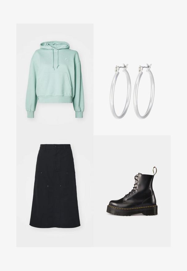 Müntroheline kapuutsiga sviiter, mis on valmistatud pehmest kangast, esiosas tasku, nöörid ja soonikuvarrukad ning -aluse ääred. Rinnal väike logo.; Must have kokk, mis on valmistatud puuvillast, esipaneelil nuppudega sulgemine, kaks suurt taskud ja sirge siluett. Sujuv tekstuur.; Mustad musta nahast kingad, millel on paks must solk ja kollane õmblus. Tagaküljel on tõmblõng ja ümmargused metallisest silmad.; Hõbedased rõngaskõrvarõngad, millel on sile, läikiv viimistlus. Ümmargune kuju ja turvaline klõpsulatus. Kerge disain, sobib igapäevaseks kandmiseks.