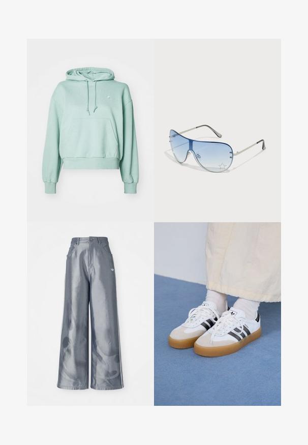 Mint zelena kapuca s puloverjem iz mehkega blaga, ki vključuje sprednji žep, vrvice in rebraste manšete ter rob. Majhna značka na prsih.; Hlače širokega kroja iz sijočega sivega materiala, z belimi bočnimi črtami in vzorcem ognjene na spodnjem delu nogavic. Zapenjanje z gumbom in zadrgo v predelu pasu.; Bele tene škornje s črnimi črtami in bež usnjenimi detajli. Imajo teksturirano gumijasto podplat in ravne bele vezalke, nosijo se z svetlimi nogavicami.; Pilotne sončne očala z gradijentnimi modrimi lečami, srebrnim kovinskim okvirjem in okrasnimi zvezdastimi detajli na lečah. Gladek in eleganten dizajn.
