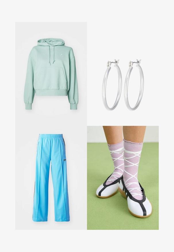 Mintgroene hoodie gemaakt van zacht materiaal, met een voorkantzak, koordjes en ribgebreide mouwen en afloop. Klein logo op de borst.; Lichtblauwe sportbroek met een elastische tailleband, zijritsen en zwarte accenten aan de zijkanten. Zachte stof met een losse, wijde pijpdesign.; Witte platte schoenen met een zwarte bies en zool, gecombineerd met lichtpaarse geribde sokken met witte kruislings banden. Geplaatst op een groene achtergrond.; Zilveren oorbellen in de vorm van een gladde, gepolijste ring. Ronde vorm met een veilige kliksluiting. Lichtgewicht ontwerp, geschikt voor dagelijks gebruik.