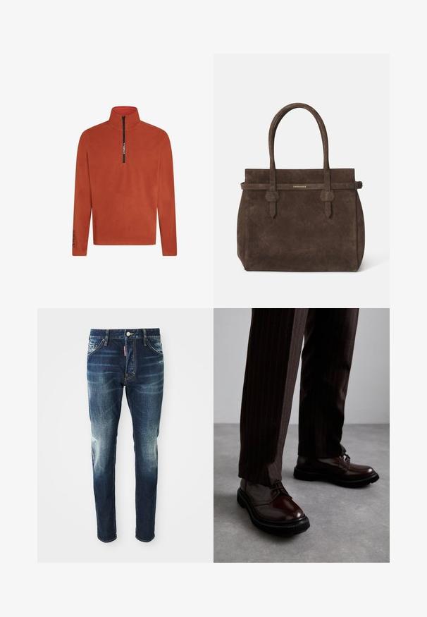 Oranger Fleece-Pullover mit einem Halbzip-Vorderteil. Merkmale einen hohen Kragen und Logodetail am Ärmel. Weicher, strukturierten Stoff. Lange Ärmel.; Weißes Baumwoll-Top ohne Ärmel mit rundem Ausschnitt, ausgestattet mit einer glatten Textur und einer figurbetonten Form, ideal für die Freizeit.; Dunkelblaue Jeans im Slim-Fit-Schnitt, mit verwaschenen Stellen an den Oberschenkeln und Knien, fünf Taschen und einem Metallknopfverschluss.; Braune Leder Schnürschuhe mit glänzender Oberfläche, schwarzer Gummisohle und dezenten Nähten. Getragen mit braunen Angabenhosen mit Nadelstreifen.; Dunkelbraune Wildledertasche mit doppelten Griffen und einem horizontalen Riemen, der mit einem kleinen goldenen DSQUARED2-Logo-Plakette versehen ist.