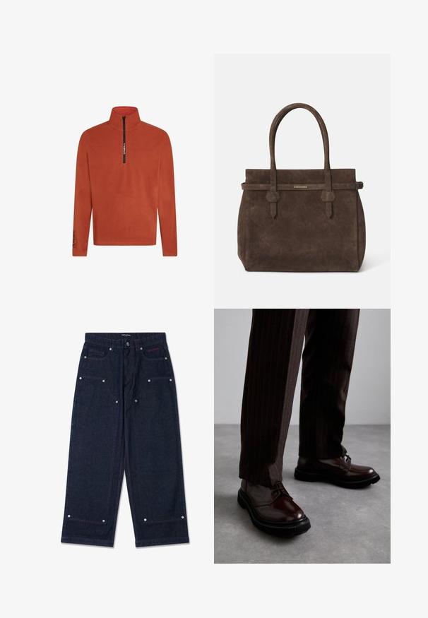 Narancssárga fleece pulóver félig cipzárral elöl. Magas gallérral és logó részlettel a mellen. Puha, struktúrált anyagból készült. Hosszú ujjak.; Fehér pamut ujjatlan trikó kerek nyakkivágással, sima textúrával és testhezálló fazonnal, amelyet hétköznapi viseletre terveztek.; Sötét farmert colorú, széles lábú nadrág, két elülső zsebbel, ezüst színű részletekkel és kontrasztos piros varrással. Gombos záródással és márka logóval rendelkezik.; Barna bőrből készült, fényezett felületű, fűzős cipők, fekete gumitalppal és diszkrét varrásokkal. Csíkos barna nadrággal viselve.; Sötétbarna velúr tote táska dupla fogantyúval és vízszintes pánttal, melyen egy kis arany DSQUARED2 logo tábla található.