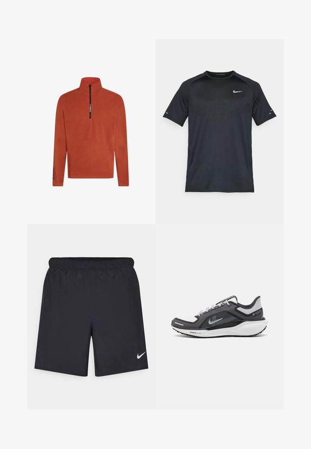 Pulover din fleece portocaliu cu fermoar la jumătate în față. Prezintă un guler înalt și detalii cu logo pe mânecă. Material moale, texturat. Mâneci lungi.; Tricou sportiv Nike de culoare neagră, cu mâneci scurte, decolteu rotund, material texturat și logo reflexiv pe partea stângă sus a pieptului.; Pantaloni scurți atletici negri, fabricați dintr-un material ușor, cu un talie elastică. Au un mic logo alb Nike în partea stângă jos.; Încălțăminte sport neagră și gri, cu partea superioară din plasă, accente reflectorizante și o talpă intermediară albă. Dispune de o talpă din cauciuc texturat și șireturi.
