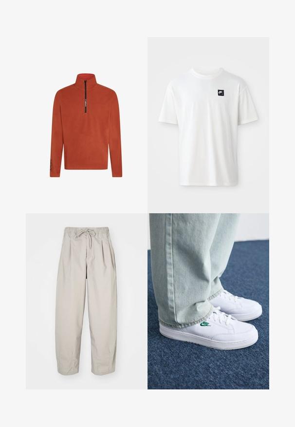 Oranger Fleece-Pullover mit einem Halbzip-Vorderteil. Merkmale einen hohen Kragen und Logodetail am Ärmel. Weicher, strukturierten Stoff. Lange Ärmel.; Weißes Baumwoll-T-Shirt mit kurzen Ärmeln und Rundhalsausschnitt; zeigt ein kleines schwarzes rechteckiges Nike Air-Logo auf der linken Brust.; Beige, leichte Hose mit elastischem Bund und Zugband. Sie verfügt über Falten und eine lockere Passform, gefertigt aus weichem, glattem Stoff.; Weiße Leder-Sneaker mit grünem Nike-Logo, runde Zehenpartie, flache Sohle, kombiniert mit hellblauen Jeans, präsentiert auf einem blauen Teppich.