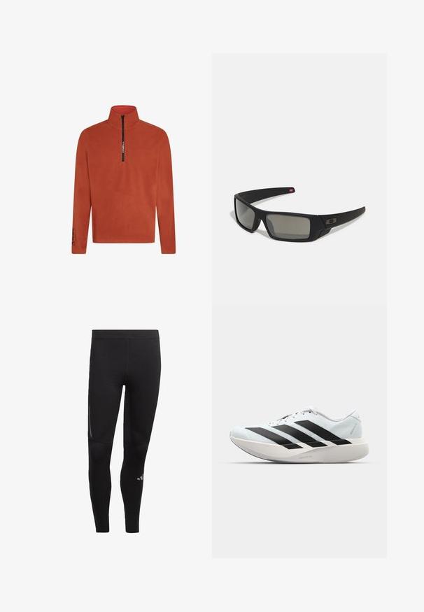 Pomarańczowy polarowy pulower z pół-zamkiem z przodu. Posiada wysoki kołnierz oraz detal z logo na rękawie. Miękka, teksturowana tkanina. Długie rękawy.; Czarne legginsy sportowe wykonane z elastycznego materiału, z wysokim stanem, odblaskowymi akcentami i logo blisko kostki. Gładka faktura.; Lekkie buty do biegania w jasnoniebieskim kolorze z czarnymi pasami. Posiadają gładką cholewkę, okrągły nosek oraz grubą białą podeszwę środkową oznaczoną "LIGHTSTRIKE PRO."; Czarne okulary przeciwsłoneczne z matowym wykończeniem, prostokątne soczewki, lekko wygięte zauszniki, subtelny detal z logo oraz szkła w odcieniu dymnym.