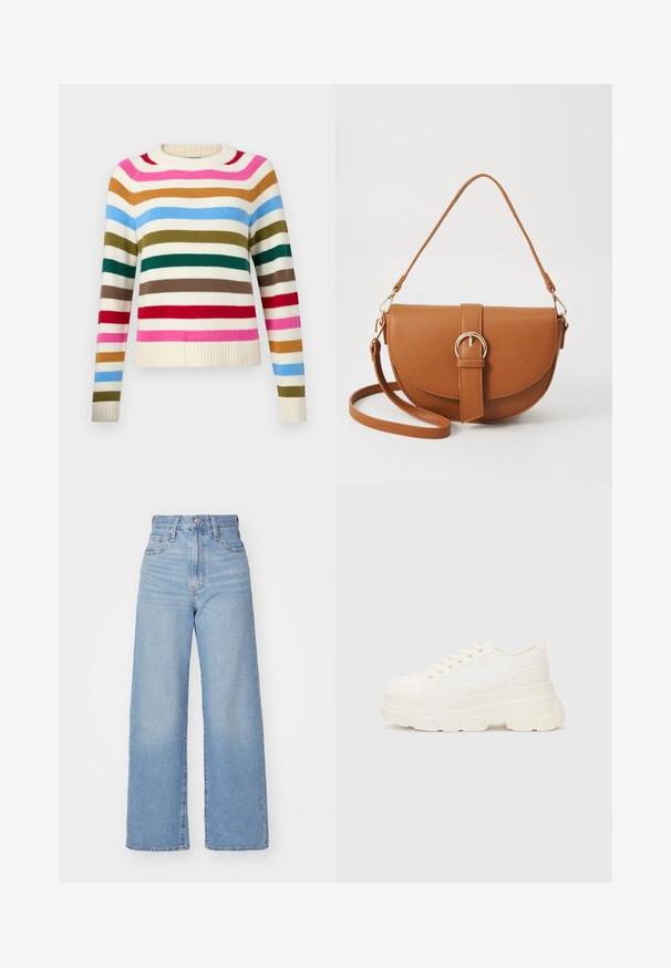 GAP CASHSOFT CREW - Pulover - multi coloured; Svetlo modri visokorasli široki traper hlače z sprednjim gumbom in zadrgo, sprednjimi in zadnjimi žepi, na belem ozadju.; Bela platnena teniska z debelim podplatom, okroglo konico in petimi luknjicami za vezalke. Zadaj je dodana zanka za enostavno obuvanje. Gladka tekstura, minimalistična zasnova.; Rjava usnjena torbica prek telesa s ukrivljeno obliko, zlate opreme in sponko. Ima odstranljiv naramni trak.