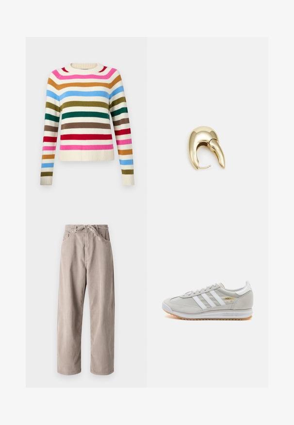 GAP CASHSOFT CREW - Jumper - multi coloured; Beige corduroy trousers with a loose fit, featuring a drawstring waist, two front pockets, and vertical ribbed texture.; Light grey sneaker made of suede and mesh, featuring three white stripes, round toe, and a gum rubber sole. Gold logo accent near laces.; Gold-tone metal earring with a sleek, curved design. Features a distinctive pointed shape, polished surface, and hinge closure.