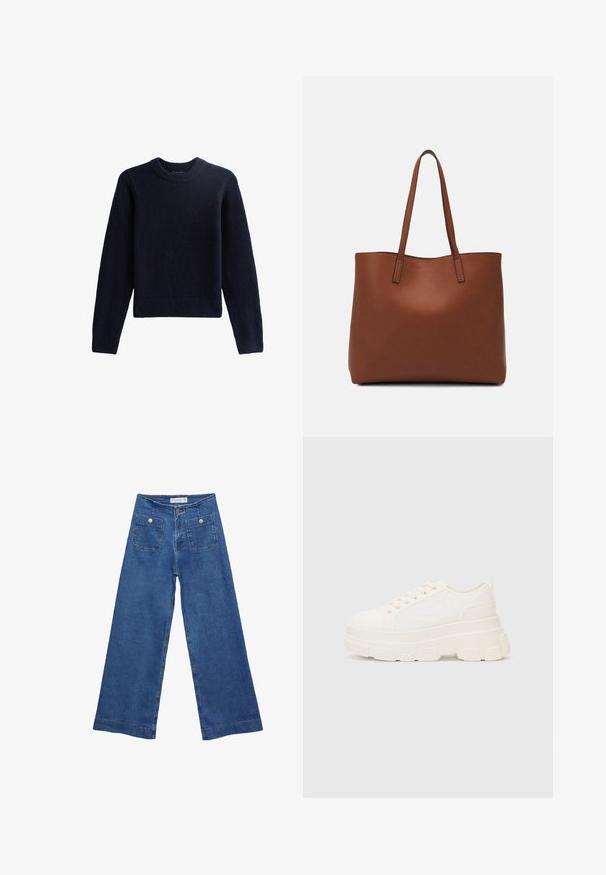 Marineblauer Pullover mit Rundhalsausschnitt aus weichem, strukturiertem Stoff, langen Ärmeln und einem verkürzten Saum. Einfaches Design ohne Verzierungen.; Denim-Hosen im weiten Schnitt mit einer mittleren blauen Waschung, zwei Vordertaschen mit Knopfverschluss und genähten Details entlang der Säume.; Weiße Leinensneaker mit einer massiven Sohle, abgerundeter Spitze und fünf Ösen für Schnürsenkel. Hinterer Tab für ein einfaches Anziehen. Glatte Textur, minimalistisches Design.; Braune Leder-Tote mit glatter Textur, offenem Oberteil und zwei Schulterriemen. Verfügt über minimale Nähte und keine sichtbaren Beschläge.