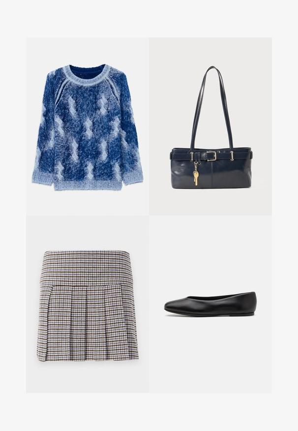 Knitted sweater in various shades of blue with a raised diamond pattern, round neckline, and long sleeves, made of soft yarn material.; Pleated skirt in a brown, beige, and blue check pattern. Made of a textured fabric with a fitted waistband and decorative pleats.; Paul Smith TOPANGA - Ballet pumps - black; Navy leather handbag with two long handles, a buckle detail, and a keychain attached. Features a smooth texture and a rectangular shape.