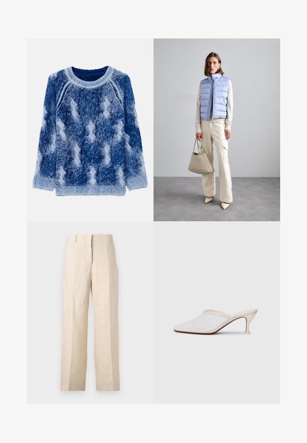 Kootud sviiter erinevates sinise toonides, kõrgendatud teemantmustriga, ümmarguse kaelusega ja pika varrukaga, valmistatud pehmest lõngamaterjalist.; Bež linasest püksid, millel on lõtv istuvus, volditud eesmine osa ja sirged jalad. Omab vööd, millel on vöökohaga silmused, ja nähtavaid taskuid ei ole.; Valge võrkmaterjalist teravatoa mulli king, millel on peen keskmise kõrgusega konts ja libisev disain, tühjal taustal.; DRAGON DIFFUSION SANTA CROCE BIG - Käekott - pearl