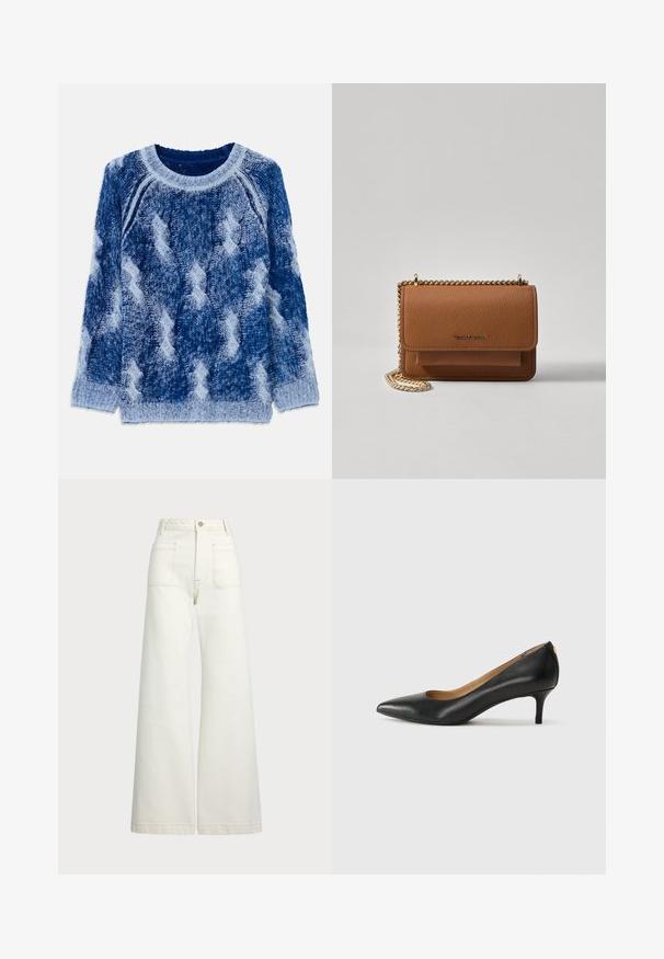 Pull en tricot de différentes nuances de bleu avec un motif en losanges surélevé, un col rond et des manches longues, fabriqué en fil doux.; Jeans large en denim écru. Design taille haute avec une fermeture à bouton, deux poches avant et des détails de surpiqûres contrastantes.; Pompe noire en cuir avec un embout pointu, un petit talon et une texture lisse. Présente une légère ouverture à l'avant et un matériel minimal à l'arrière.; Sac en cuir texturé marron en bandoulière avec une sangle en chaîne dorée et une fermeture à rabat. L'avant présente un détail de logo et une poche sous le rabat.