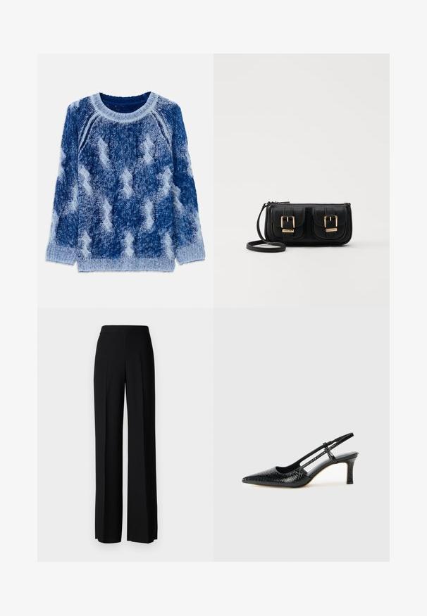 Pletený sveter v rôznych odtieňoch modrej s vystúpeným diamantovým vzorom, okrúhlym výstrihom a dlhými rukávmi, vyrobený z mäkkej priadze.; Čierne široké nohavice s hladkým povrchom, s vysokým pásom a stredovými skladmi. Žiadne viditeľné vzory ani hardvérové detaily.; Čierne patentové slingback topánky na ihlovom podpätku s špicatou špičkou, s textúrovaným hadím vzorom, nastaviteľným popruhom a krátkym, textúrovaným blokovým podpätkom.; Čierna kožená crossbody taška s dvoma prednými vreckami, zlatými sponami, zipsovým uzatváraním a úzkym popruhom. Štruktúrovaný povrch a kompaktný obdĺžnikový tvar.