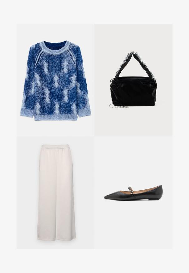 Maglione lavorato a maglia in varie tonalità di blu con un motivo a diamante in rilievo, scollatura rotonda e maniche lunghe, realizzato in morbido filato.; Pantaloni a gamba larga beige chiaro con fascia elastica in vita. Tessuto liscio, lunghezza completa, senza decorazioni o motivi visibili.; Ballerine in pelle nera con punta affusolata e una cinturino laterale con un accento circolare dorato. Leggere e con suola piatta.; Borsa a tracolla nera in ecopelle con finitura testurizzata, caratterizzata da un accento in argento con perline lungo il manico superiore e una tracolla a catena.