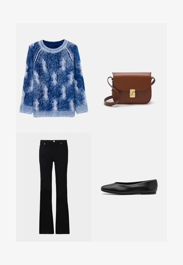 Maglione lavorato a maglia in varie tonalità di blu con un motivo a diamante in rilievo, scollatura rotonda e maniche lunghe, realizzato in morbido filato.; Jeans neri svasati in denim, dotati di due tasche anteriori, chiusura con bottone e una texture liscia. Cuciture iconiche visibili nei punti di giuntura.; Paul Smith TOPANGA - Ballerine - black; Borsa a tracolla in pelle marrone con chiusura a pattina, hardware color oro, tracolla e una finitura liscia. Forma rettangolare compatta.