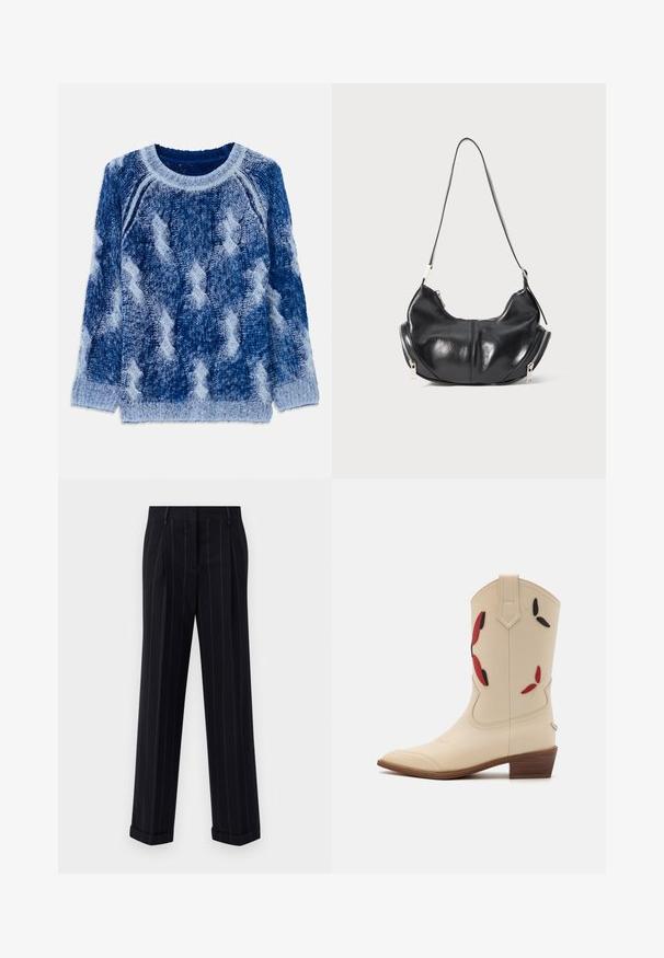 Knitted sweater in various shades of blue with a raised diamond pattern, round neckline, and long sleeves, made of soft yarn material.; Black pinstriped trousers with a tailored fit, featuring a cuffed hem and front pleats. Made of smooth fabric with a structured design.; Beige leather cowboy boot with pointed toe, low stacked heel, and decorative red and black floral appliqué on the shaft.; Black leather crescent-shaped shoulder bag with silver zippers on both sides and a single strap.