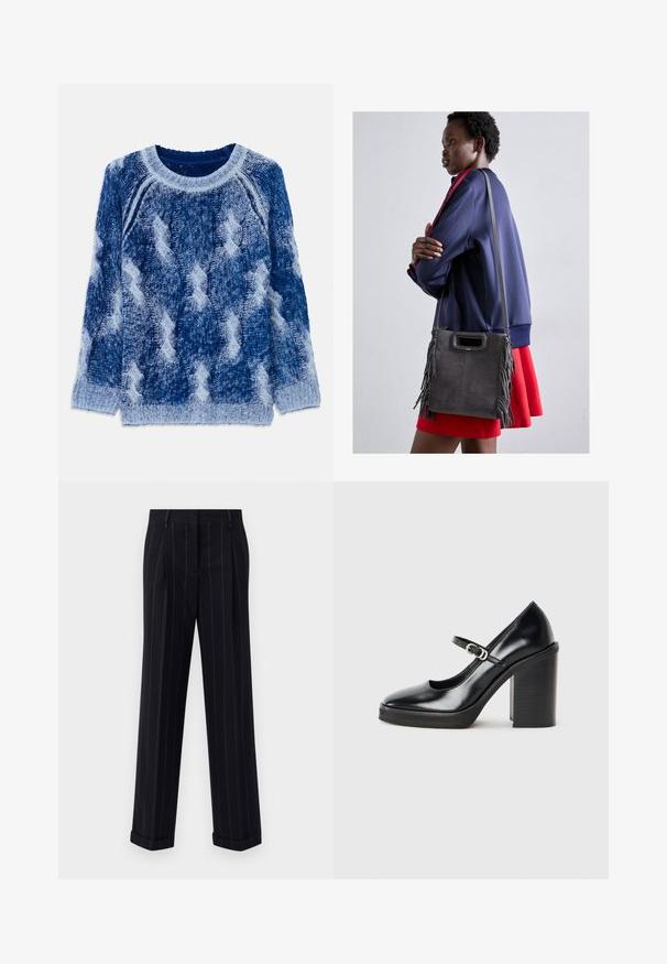 Megzta megštiniai įvairių mėlynos spalvos atspalvių su iškilusia rombo forma, apvaliu kaklu ir ilgomis rankovėmis, pagaminti iš minkštos siūlų medžiagos.; Juodi smėliniai kelnes su pritaikytu siluetu, su manžetėmis ir priekinėmis klostėmis. Pagaminta iš lygaus audinio su struktūrizuotu dizainu.; Juodas lakuotas aukštakulnis batelis su apvaliu noseliu, kulkšnių dirželiu, sidabriniu užsegimu ir masyviu blokuotu kulnu.; Pilkas zomšinės rankinės su kutais, plačiu viršutiniu rankenos atidarymu ir plona juostele. Modelis dėvi tamsiai mėlyną švarką ir raudoną sijoną.