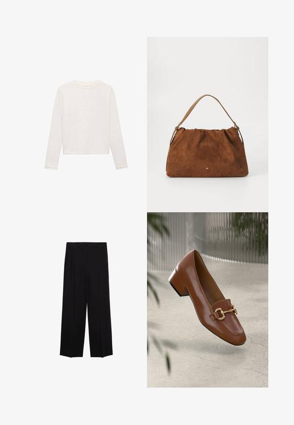 Long-sleeve, cropped top in soft white fabric. Features a rounded neckline and subtle texture, with neat, stitched hems and sleeves.; Black wide-leg trousers with a smooth fabric, featuring pleats at the front and side pockets, designed with a straight, relaxed cut.; Brown patent leather loafer with square toe, metallic chain accent, and low block heel; smooth texture, minimalist design.; Brown suede handbag with a gathered design, featuring a single tan leather strap and a subtle gold logo detail on the front.