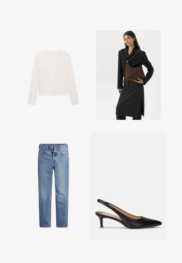 Langärmliges, kurzes Oberteil aus weichem weißen Stoff. Verfügt über einen runden Ausschnitt und eine subtile Textur, mit sauberen, genähten Säumen und Ärmeln.; Helle blaue Jeans im geraden Schnitt, mit fünf Taschen und einem Knopfverschluss. Sie weisen dezente Verfärbungen und orangefarbene Nähte auf.; Schwarzer Leder Slingback-Pump mit spitzer Zehenform, niedrigem Kitten-Absatz und glatter Oberfläche. Verfügt über ein offenes Rückendesign und minimale Nahtdetails.; Frau trägt ein schwarzes Blazer und einen Rock, hält eine große dunkelbraune Wildleder-Umhängetasche vor einem weißen Hintergrund.