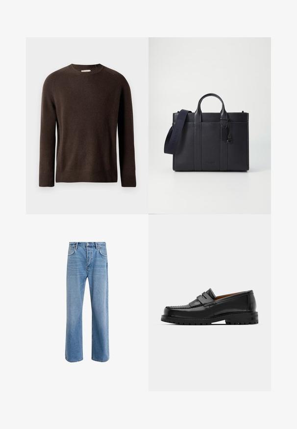 Brown long-sleeve crewneck sweater with ribbed cuffs and hem, displayed against a plain light background.; Light blue denim jeans with a straight-leg design, five pockets, button closure, minimal fading, and contrasting stitching details.; Black leather loafers feature a raised seam, two decorative straps on the upper, and a thick textured sole for added grip.; Dark navy leather briefcase with dual top handles and a detachable strap. Features textured finish, vertical stitching, and logo detail.
