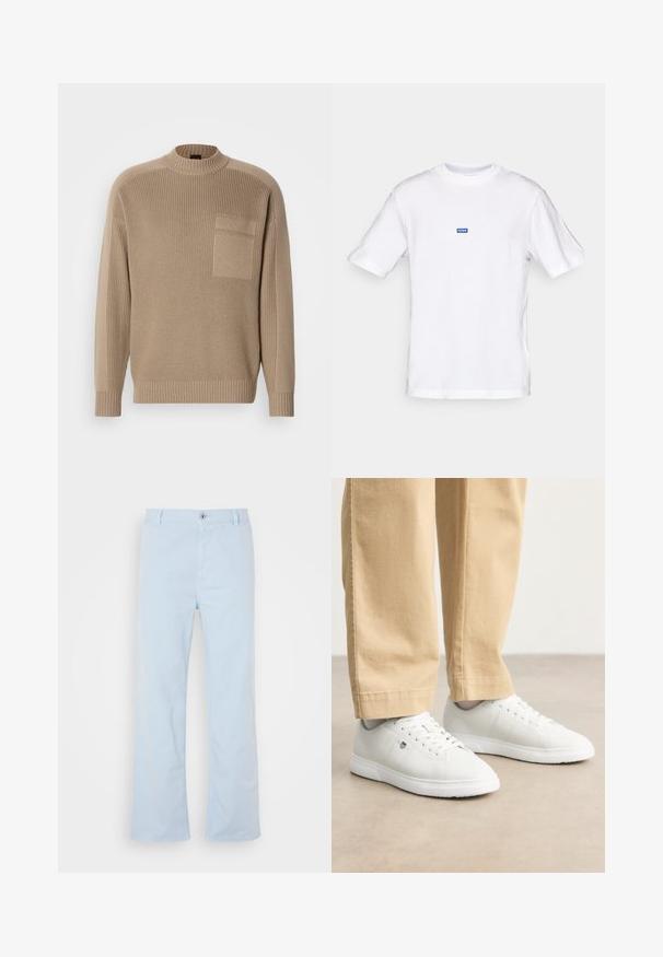 Beige kötött pulóver hosszú ujjal, bordás gallérral és mandzsettával, valamint egy foltmentalázi zsebbel a bal mellen.; Fehér pamut póló rövid ujjakkal, kerek nyakkivágással, és egy kis kék "HUGO" címkével a felső mellrészen. Simább textúrájú, klasszikus szabású.; Világoskék pamut nadrág, egyenes szabással, elülső gombos záródással és oldalsó zsebekkel. Simább textúra és minimális varrási részletek.; Fehér bőr sportcipők sima felülettel, kerek orral, fűzős kivitelben, oldalt diszkrét logóval, bézs nadrággal párosítva.