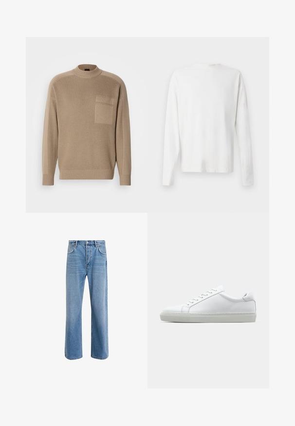 Beige gebreide trui met lange mouwen, geribde kraag en manchetten, en een zak aan de linkerkant van de borst.; Witte katoenen blouse met lange mouwen en een ronde halslijn, met zijsplitten aan de onderkant en een gladde textuur, vanuit de achterkant weergegeven.; Lichtblauwe denim jeans met een straight-leg ontwerp, vijf zakken, knoopsluiting, minimale vervaging en contrasterende stikseldetails.; Witte sneaker met een gladlederen bovenwerk en een laag profiel. Voorzien van een ronde neus, zes vetergaatjes en een gestructureerde rubberen zool.