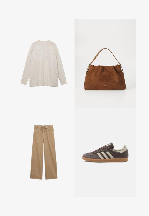 Hellbeige Pullover aus weichem Material, mit rundem Halsausschnitt, langen Ärmeln und gerippten Bündchen und Saum für zusätzliche Struktur.; Beige Baumwollhose mit weitem Bein und Kordelzug in der Taille, ausgestattet mit zwei vorderen Taschen und einem weichen, strukturierten Stoff.; Braune Leder-Sneaker mit drei hellen Streifen, Gummisohle, abgerundetem Zehenbereich und strukturierten Wildlederelementen an Ferse und Zehen.; Braune Wildlederhandtasche mit einem gerafften Design, ausgestattet mit einem einzelnen hellbraunen Ledertragegurt und einem subtilen goldenen Logo-Detail auf der Vorderseite.