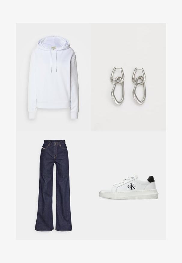 Weißer Hoodie aus weichem Stoff, mit einer Kapuze mit Kordelzug, gerippten Bündchen und Saum sowie einem gestickten Logo auf der Brust.; Dunkelblaue weite Jeans aus Denimstoff mit hoher Taille, ausgestattet mit orangefarbenen Nähten, fünf Taschen und einem Knopfverschluss.; Weiße Low-Top-Sneaker mit schwarzem Fersenpatch, Plateau-Sohle, Schnürsenkeln und Calvin Klein "CK"-Logo an der Seite.; Calvin Klein STATEMENT LINKS - Ohrringe - silver-coloured