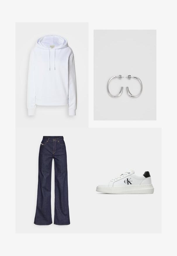 Fehér kapucnis pulóver puha anyagból, húzózsinórral a kapucnin, bordás mandzsettákkal és alsó résszel, valamint hímzett logóval a mellrészen.; Sötétkék, bő szárú farmernadrág, magas derékkal, narancssárga varrással, öt zsebes kialakítással és gombos zárással.; Fehér alacsony szárú edzőcipő fekete saroktabbal, platform talppal, fűzőkkel és Calvin Klein "CK" logóval az oldalán.; Ezüst karika fülbevalók sima, fényes felülettel. Lekerekített forma, könnyű kialakítással, tűs zárómechanizmussal.
