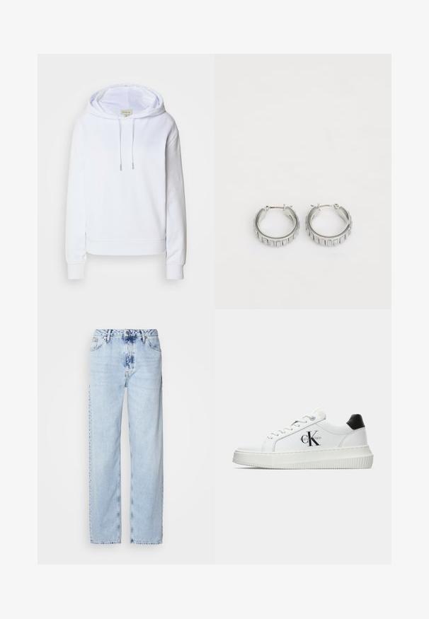 Felpa bianca realizzata in tessuto morbido, con cappuccio regolabile con cordino, polsini e orlo a costine, e logo ricamato sul petto.; Jeans a gamba larga di un blu chiaro, realizzati in denim, con vita alta, lavaggio sbiadito e un sottile motivo tie-dye sulla parte anteriore.; Sneaker bassa bianca con tassello nero sul tallone, suola a piattaforma, lacci e logo "CK" di Calvin Klein sul lato.; Orecchini a cerchio in argento con un design testurizzato caratterizzato da scanalature verticali. Forma circolare con una chiusura a scatto sicura. Finitura liscia.