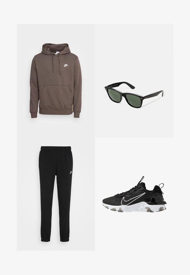 Nike Sportswear SPORTSWEAR CLUB FLEECE - Sweatshirt com capuz - ironstone; Calças de fato de treino pretas com um cinto elástico, pernas ajustadas e um pequeno logótipo da Nike em branco no lado esquerdo. Feitas de um tecido macio texturizado.; Sapatilha atlética preta com um cabedal de tecido texturizado, swoosh branco da Nike e sola branca espessa. Apresenta uma alça no calcanhar para facilitar o calçar.; Óculos de sol de plástico preto com lentes verdes, armações quadradas, detalhe prateado na sobrancelha e hastes texturizadas. Marca indicada na parte interna da haste.
