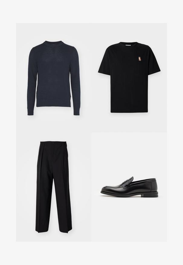 Marineblauer Strickpullover mit strukturiertem Gewebe, rundem Ausschnitt und gerippten Bündchen sowie Saum. Hat ein leichtes, atmungsaktives Design.; Schwarzes Kurzarm-T-Shirt mit Rundhalsausschnitt und kleinem gesticktem orangen Fuchs-Logo auf der linken Brust.; Schwarze, plissierte Hose mit geradem, weitem Bein. Hergestellt aus glattem Stoff, mit Knopfverschluss und Gürtelschlaufen.; Schwarze Lederloafers mit glatter Textur, rundem Zehenbereich und einem dekorativen Riemen über dem Vorderfuß. Niedriger, gestapelter Absatz, minimalistisches Design.