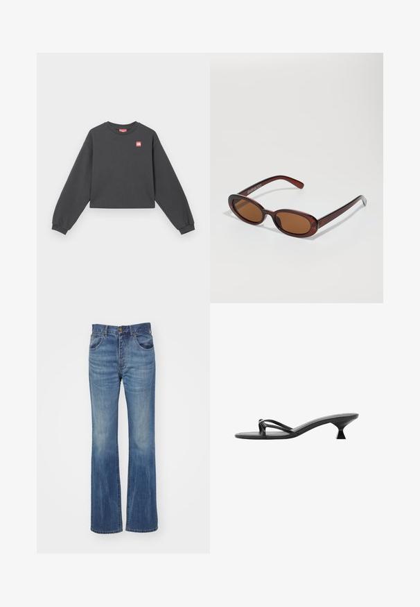 Felpa corta a maniche lunghe in cotone grigio scuro con collo a giro e una piccola toppa rossa sul petto. Texture morbida.; Jeans in denim blu a zampa d'elefante con lavaggio medio, caratterizzati da una vita alta, passanti per cintura e tasche anteriori. Texture liscia con minimale usura.; Sandali neri con tacco caratterizzati da un design elegante, cinturini sottili e un tacco triangolare unico. Texture liscia con un aspetto minimalista.; Occhiali da sole rotondi con tonalità marrone, montatura lucida color bordeaux. Aste sottili con un sottile dettaglio del marchio. Design delle lenti piatte.