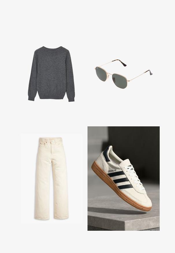 Dunkelgrauer Langarm-Pullover mit Rundhalsausschnitt und gerippten Bündchen und Saum, flach auf einem weißen Hintergrund präsentiert.; Beige weite Jeans aus Baumwoll-Denim. Merkmale umfassen eine hohe Taille, Knopfverschluss und Fünf-Taschen-Design. Glatte, langlebige Textur.; Weiße Wildleder-Sneaker mit marineblauen Streifen, Gummisohle, strukturiertem Obermaterial, runder Zehenform und Schnürung; mit Branding an der Seite und auf der Zunge.; Goldfarbene Metallrahmen-Sonnenbrillen mit dunkelgrünen Gläsern im Pilotenstil, mit schlanken Bügeln und Schildpatt-Akzenten an den Spitzen.; Schwarze, gesteppte Tasche aus Kunstleder mit einer Kettenriemen, die ein sechseckiges Muster und ein dekoratives Flügeldetail auf der Vorderseite aufweist.