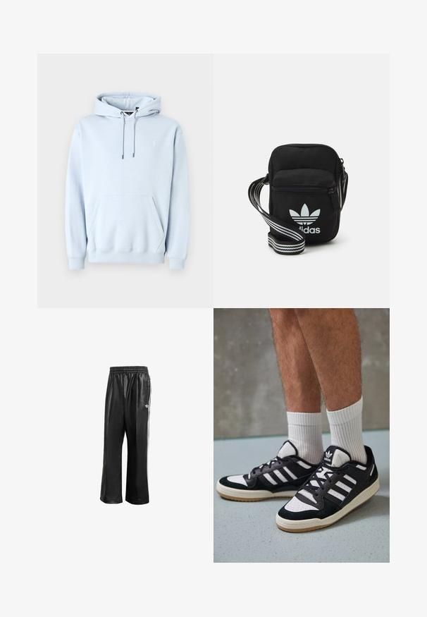 Un sweat à capuche bleu clair en tissu doux, avec une poche kangourou à l'avant, une capuche avec cordon de serrage, et des poignets et un ourlet côtelés. Petit logo sur la poitrine.; Pantalons de sport synthétiques noirs avec une taille élastique, dotés de rayures blanches sur les côtés et d'un petit logo blanc sur la hanche gauche.; Baskets noir et blanc avec une tige en suède et cuir, comportant trois rayures blanches, un bout perforé et une semelle en caoutchouc gum.; Sac bandoulière noir en tissu avec fermeture éclair, arborant un logo Adidas blanc et une sangle réglable rayée pour un port facile.