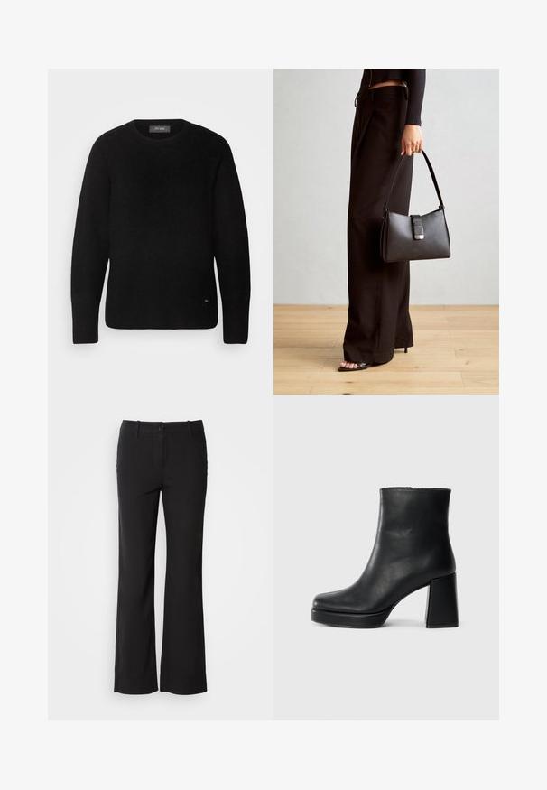 Mos Mosh TAMMY THORA - Strickpullover - black; Schwarze Baumwollmischungshose mit geradem Bein, vorderem Knopfverschluss und zwei Seitentaschen. Glatte Textur, keine sichtbaren Muster.; Schwarze Leder-Stiefelette mit Blockabsatz und Plattformsohle, seitlich auf einem schlichten weißen Hintergrund betrachtet.; Schwarze Handtasche mit strukturierter Form, glatter Textur und einem metallischen Verschluss. Kombiniert mit weiten schwarzen Hosen und offenen Sandalen auf einem Holzboden.