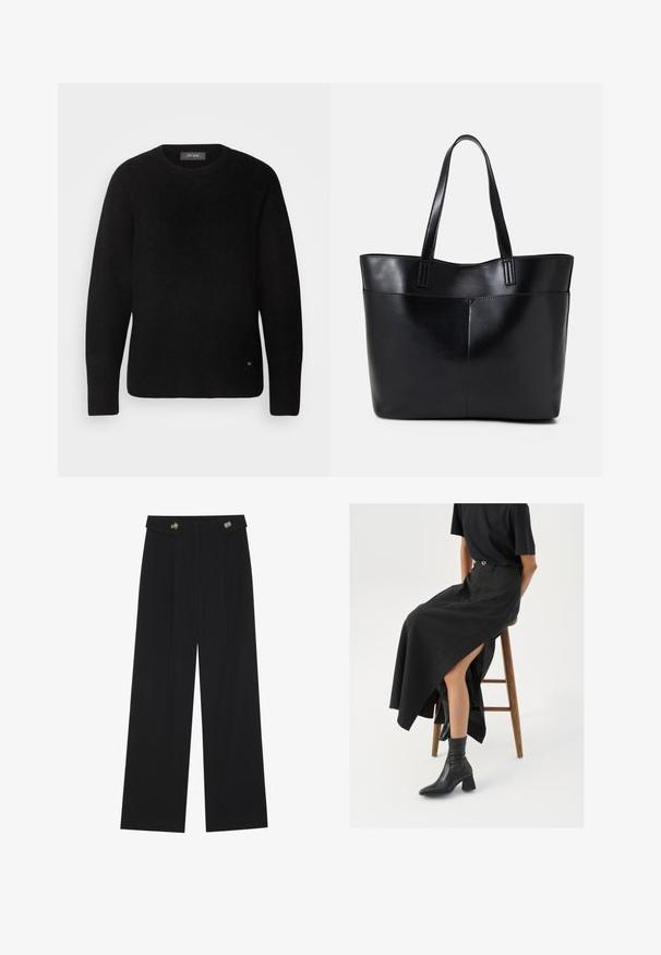 Mos Mosh TAMMY THORA - Strickpullover - black; Schwarze weite Hosen mit hoher Taille, Knopfdetails am Bund und vorderen Falten.; Schwarzer Leinen-Maxi-Rock mit hohem Schlitz, getragen mit einem schwarzen T-Shirt und schwarzen Knöchelstiefeln. Minimalistisches Design mit lockerer Passform.; Schwarze Leder-Shopper-Tasche mit zwei langen Griffen, einer glatten Textur und einer strukturierten Form. Verfügt über eine Vordertasche für zusätzlichen Stauraum.