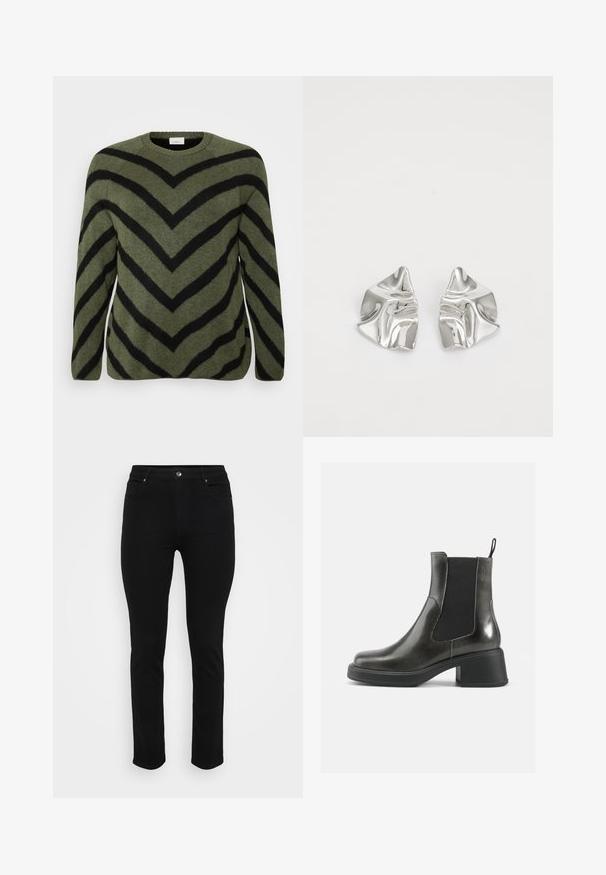 Zaļš džemperis ar melniem chevron rakstiem. Apaļa kakla izgriezums, garas piedurknes un mīksta tekstūra. Tiesna apakšmala ar nelielām sānu spraugām.; Melnas džinsus ar šauru piegriezumu, piecu kabatu dizainu, priekšējo pogu aizdari un vieglu stiepšanos komfortam. Gluda, izlīdzināta tekstūra ar minimālu dekoru.; Melni ādas potītes zābaki ar gludu apdari, elastīgu sānu paneļu un masīvu papēdi. Aprīkoti ar cilpu, kas atvieglo uzvilkšanu.; Sudraba metāla auskari ar viļņainu, skulpturālu dizainu, kas izceļas ar pulētu apdari un neregulārām formām, uzsverot mūsdienīgu estētiku.