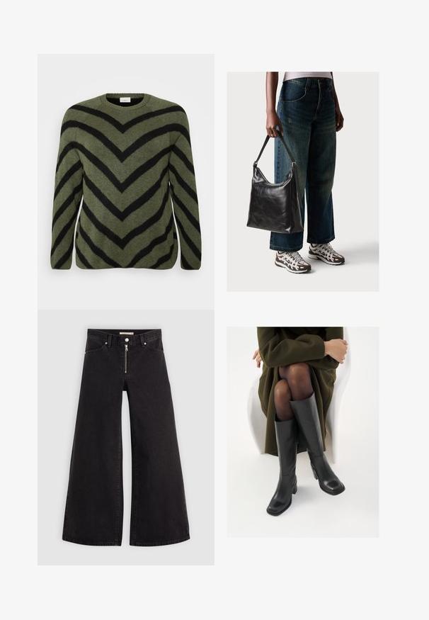 Green sweater with black chevron stripes. Round neckline, long sleeves, and soft texture. Straight hem with slight side slits.; Wide-leg jeans in black denim with a zippered front, five-pocket design, and subtle stitching details. Smooth texture and casual style.; Knee-high black leather boots with a squared toe and block heel, shown with a model seated in an olive green coat. Smooth texture, minimal detailing.; Black leather shoulder bag with a smooth texture and adjustable strap, paired with faded wide-leg jeans and athletic sneakers.