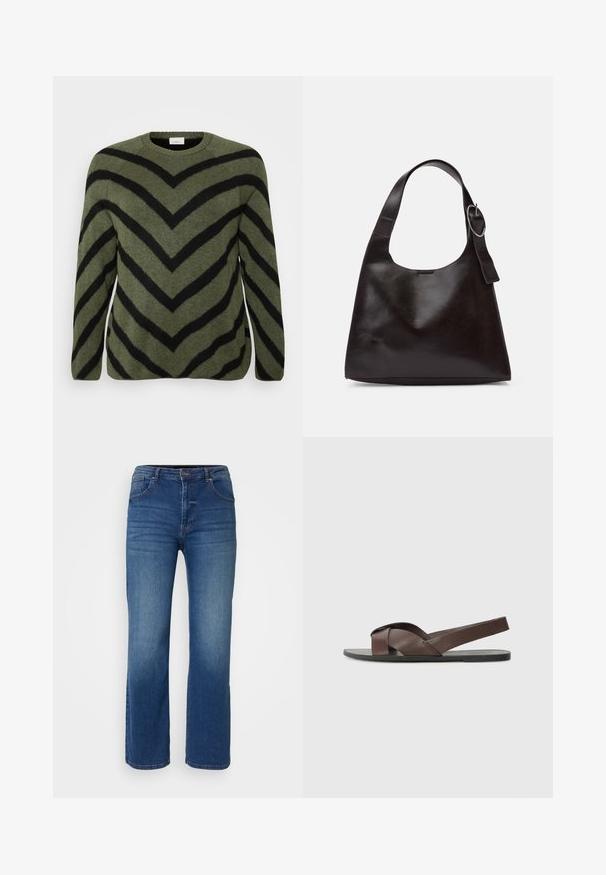 Zaļš džemperis ar melniem chevron rakstiem. Apaļa kakla izgriezums, garas piedurknes un mīksta tekstūra. Tiesna apakšmala ar nelielām sānu spraugām.; Tumši zili denima džinsi ar taisna kāju dizainu, piecu kabatu stilu un pogu un rāvējslēdzēja aizdari. Gluda tekstūra ar minimālu izbalēšanu.; Brūni ādas sandales ar krustveida siksnas dizainu, plakanu melnu zoli un regulējamu aizmugurējo siksnu. Gluda tekstūra un minimālas aparatūras detaļas.; Brūns ādas plecu soma ar gludu tekstūru, noapaļu formu, platu jostu un apaļu metāla akcentu uz roktura.