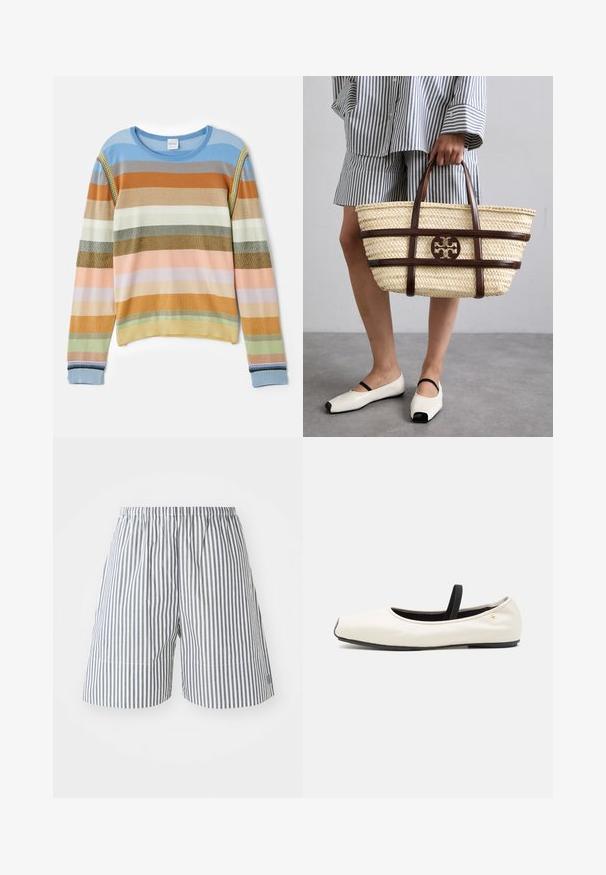 Raidallinen neulepusero sinisen, oranssin, vihreän ja pastellivärien sävyissä. Sisältää ribbikuvion, pyöreän kaula-aukon ja koristeellisia yksityiskohtia hihoissa.; Navy ja valge triibulised lühikesed püksid puuvillast, elastse vöökoha ja lõdva lõikega. Keskkõi pikkuses, õrnate õmblusteenustega.; Tanssikengät valkoista nahkaa, pyöreällä kärjellä, mustalla elastisella nauhalla ja pienellä kultaisella emblemillä kantapään lähellä. Pehmeä pinta ja minimalistinen muotoilu.; Kudottu olkiostosreppu ruskeilla nahkaosilla ja kahvoilla. Varustettu leikatuilla logolla ja erottuvilla vaaka-aitoilla.