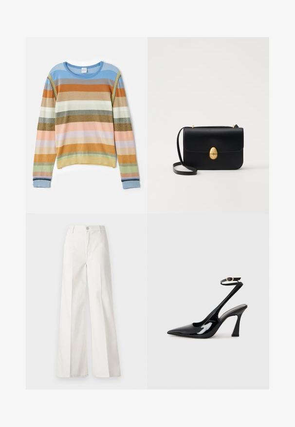 Gestreepte gebreide trui in blauw, oranje, groen en pasteltinten. Heeft een geribbelde textuur, ronde halslijn en decoratieve accenten op de mouwen.; Witte wijde-broek gemaakt van katoen met een gladde textuur. Voorzien van een knoop aan de voorkant, ritsopening en vierzakkenontwerp.; Zwarte gepatenteerde leren slingback pumps met een spitse neus, verstelbare enkelband en een gematigd blokhak. Gladde textuur met een glanzende afwerking.; Zwarte leren handtas met een gestructureerde rechthoekige vorm. Voorzien van een gouden ovale sluiting en een dunne schouderband. Glad van textuur.