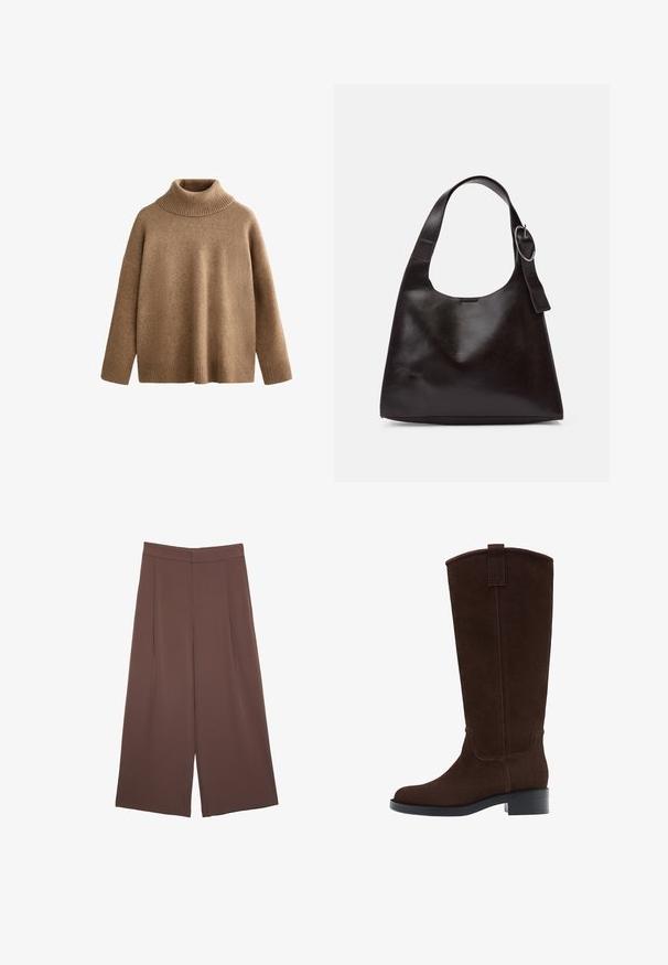 Rjava pletena pulover s turtleneck ovratnikom in rebrastimi manšetami. Ohlapen kroj z gladko teksturo in brezšivno zasnovo.; Rjave široke hlače z gladko teksturo, ki imajo visok pas in sprednje naborke. Tkanina je lahka in prosto pada.; Rjavi semiš škornji do kolen z zaobljenim nosom, subtilnim šivom in nizko blok peto; imajo tudi zanko na vrhu za preprosto oblačenje.; Rjava usnjena torba za ramo z gladko teksturo, okroglo obliko, širokim trakom in krožno kovinsko akcenco na ročaju.