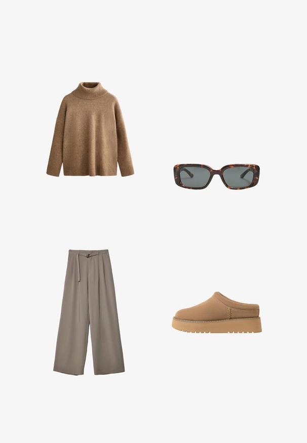 Rjava pletena pulover s turtleneck ovratnikom in rebrastimi manšetami. Ohlapen kroj z gladko teksturo in brezšivno zasnovo.; Široke hlače iz mehke, umirjene sive tkanine, z pasom, ki ga je mogoče zavezati, in z gubami za dodatne oblikovne podrobnosti. Gladka tekstura, brez vzorcev.; Rjave natikače z mehko teksturo, zaobljenim nosom in debelim, rebrastim podplatom. Imajo subtilno šivanje na strani.; Sonce, ki je oblikovana v tortoščkovem vzorcu, ima pravokotne leče, debele okvirje in temne leče. Ima gladko teksturo in minimalističen dizajn.; Tkanina iz slame v mehkemu slogu, svetlo rjave barve, V-oblikovno odprtino in usnjen dodatek z oznako na dnu. Mehka tekstura.