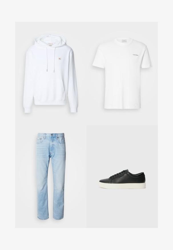 Simító pamut keverékből készült fehér kapucnis pulóver, elülső zsebbel, húzózsinórokkal és egy kis logóval a mellrészen.; Fehér pamut póló rövid ujjakkal és kerek nyakkivágással. Bal mellkason egy kis fekete "Calvin Klein" logó található.; Világoskék farmernadrág egyenes fazonnal, kopott részletekkel, öt zsebes kialakítással és klasszikus gombos zipzárral.; Fekete bőr sportcipők perforált textúrával, kerek orral és lapos fehér gumi talppal. Fekete fűzőkkel és diszkrét logóval az oldalon.